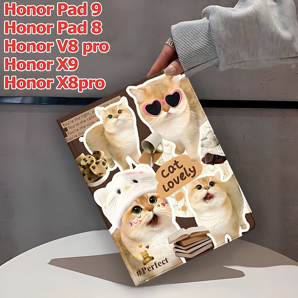 เคส Honor Pad 9 Honor Pad X9 Honor Pad X8pro ออเนอร์ แพด 8 / ออเนอร์ แพด V8PRO 360°ซองหนังอะคริลิคแบบหมุน เคสแม่เหล็ก With Pen Holder Sunglasses Kitten case Hono