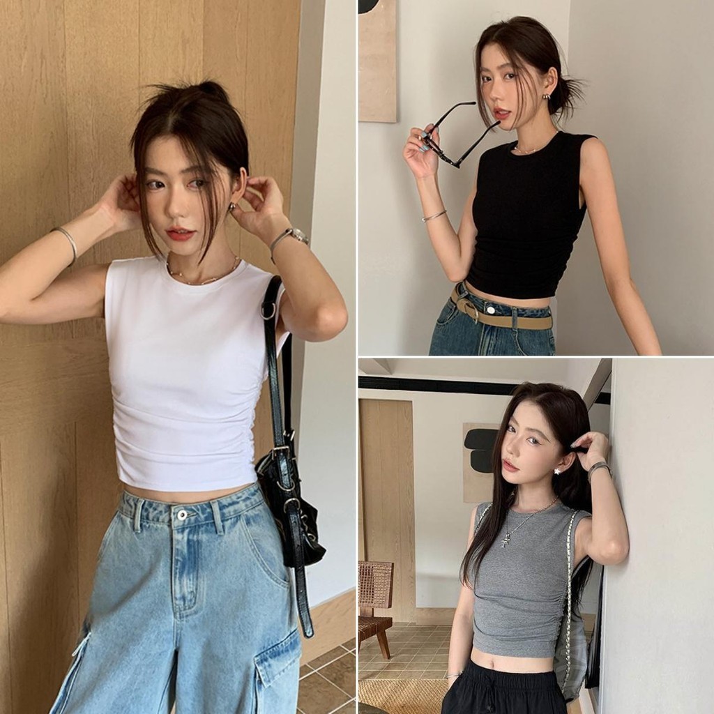 Hotgirl พร้อมส่ง✨เสื้อยืดแขนกุดผู้หญิง เสื้อครอป ผ้ายืดรัดรูปคอกลม แขนกุดเซ็กซี่  ดีไซน์ด้านข้างแบบจีบ สไตล์เกาหลี