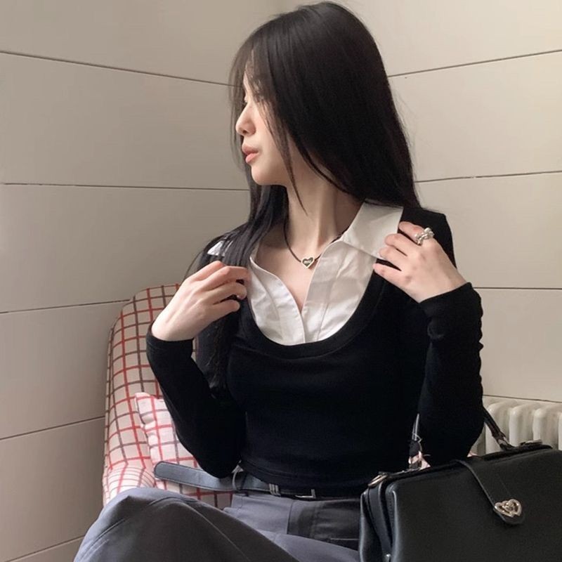 เสื้อยืดแขนยาวเรียบง่ายสดสไตล์วิทยาลัยใหม่ของผู้หญิง