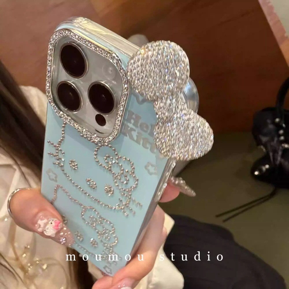 เคส IPhone Thicken IMD Hard Case IPhone 11 Korean Diamond Kitty 3D Bow Knot Luxury Sparkling กล้องสําหรับ IPhone 15 14 13 12 11 Pro Max