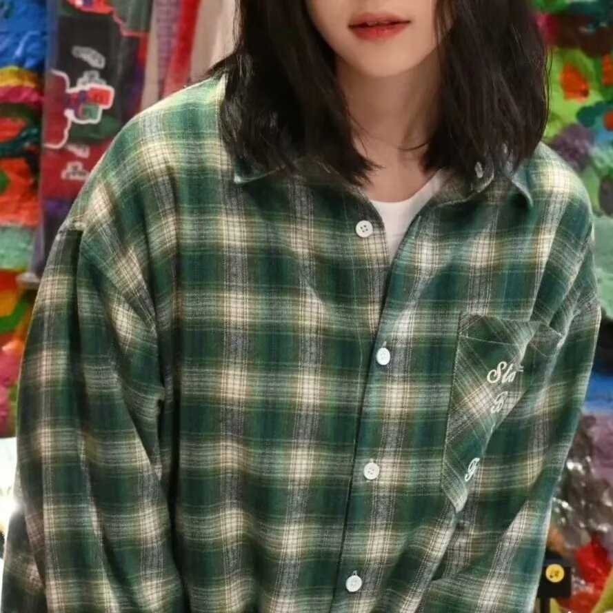 ฮั่นลู่ เสื้อเชิ้ตแขนยาวลายสก๊อตอเมริกันย้อนยุคด้านบนลําลองหลวม
