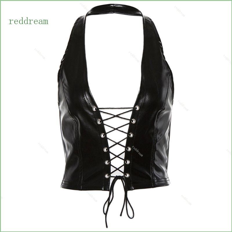 Redd ผู้หญิง Punk แขนกุด Crop Top Halter V คอ Backless Hollow เสื้อกั๊กหนัง Faux สําหรับ Cross Lace-Up Party Clubw