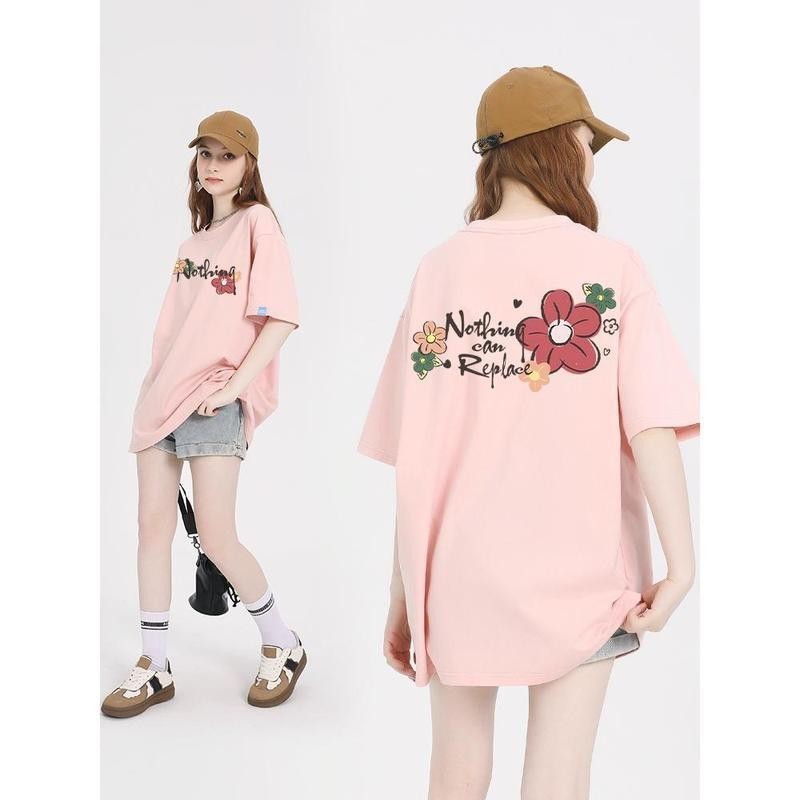 เกาหลี เสื้อแบบดารา เสื้อยืดแขนสั้น CMDXY1071 ผู้ชาย ผู้หญิง ลายทาง ตัวอักษร หลวม ลายสกรีน ฤดูร้อน ฤดูใบไม้ผลิ