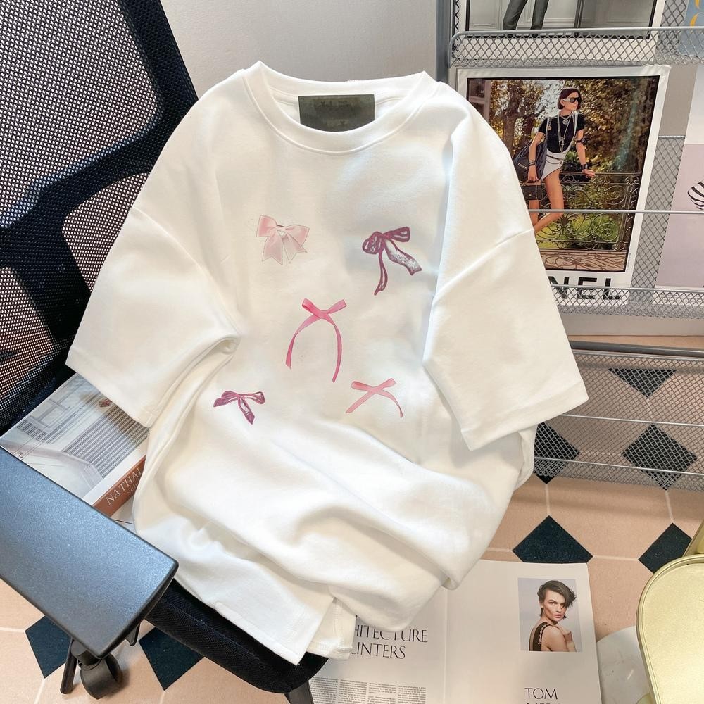 เกาหลี เสื้อแบบดารา เสื้อยืดแขนสั้น CMDXY1140 ผู้ชาย ผู้หญิง ลายทาง ตัวอักษร หลวม ลายสกรีน ฤดูร้อน ฤดูใบไม้ผลิ