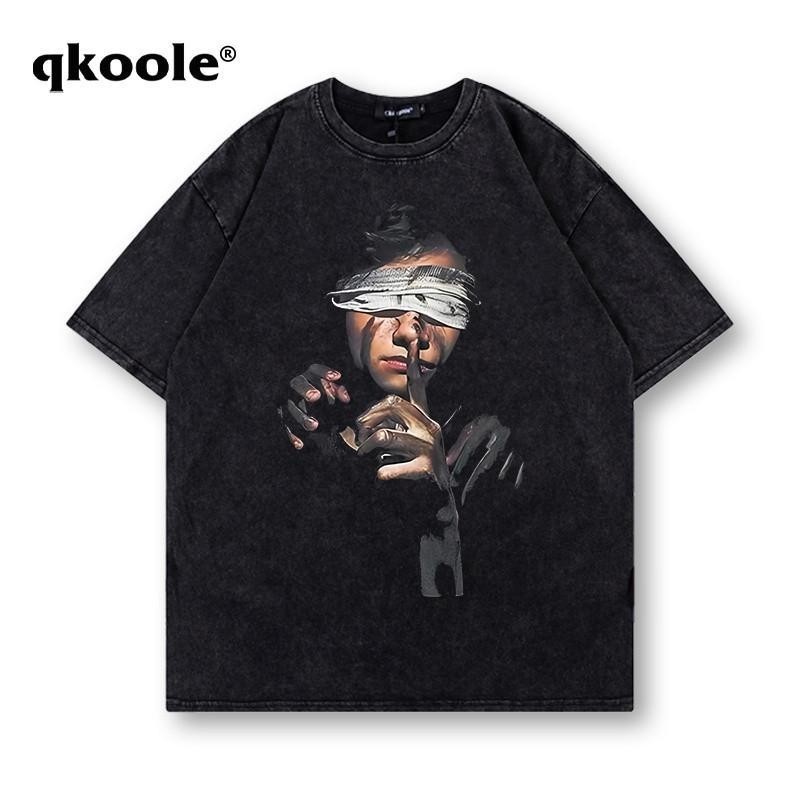 ผ้าฝ้าย 100% QK เสื้อยืดฟอก oversize เสื้อยืดชายเท่ๆ ด้านบนคอกลมผ้าฝ้ายแฟชั่นสีดำ