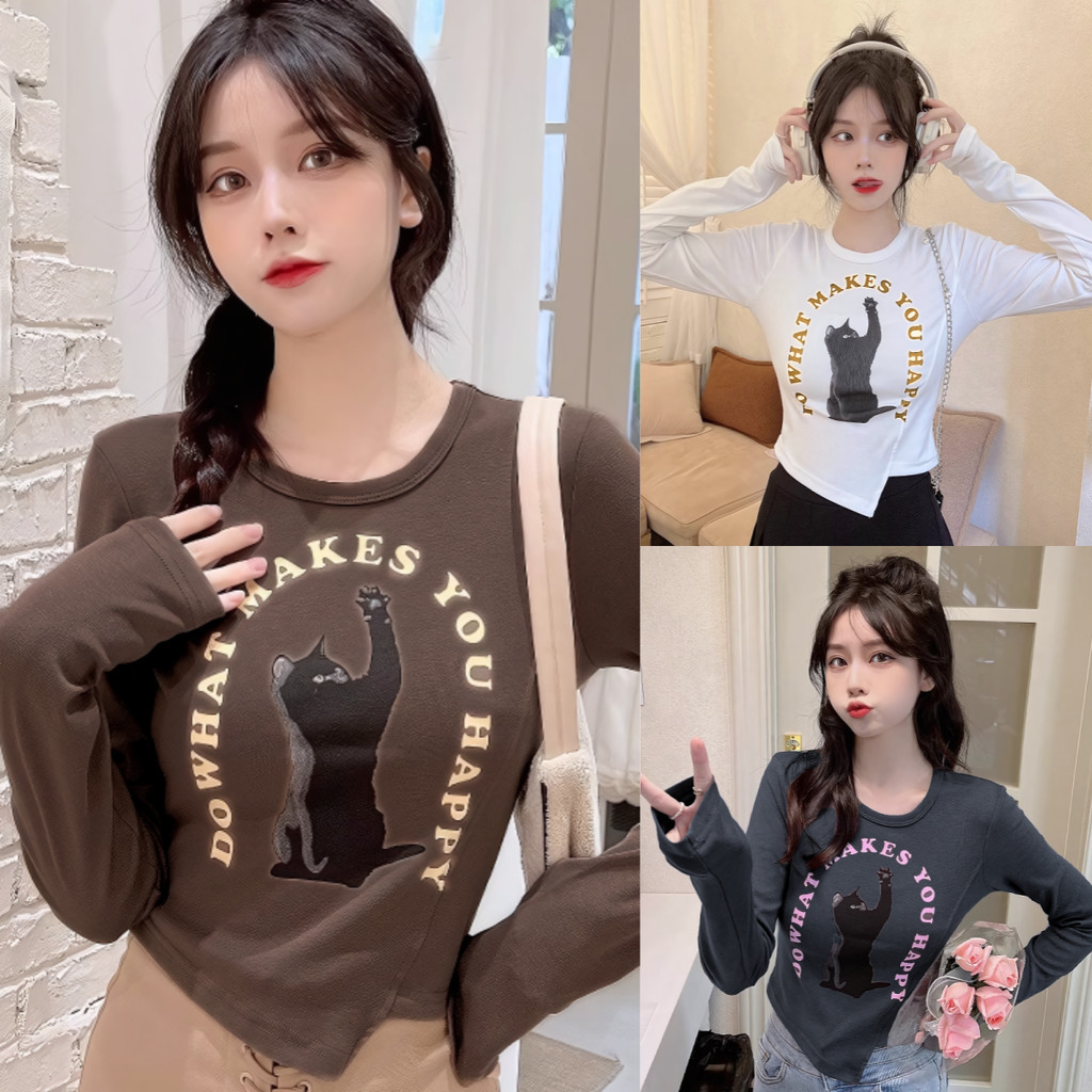 Suysuy พร้อมส่ง เสื้อแขนยาว ครอป ดีเทลพิมพ์รูปแมว น่ารักๆ สีพื้น ผ้าคัตตอน แต่งชายเสื้อ ทรงเข้ารูป สไตล์เกาหลีหวาน