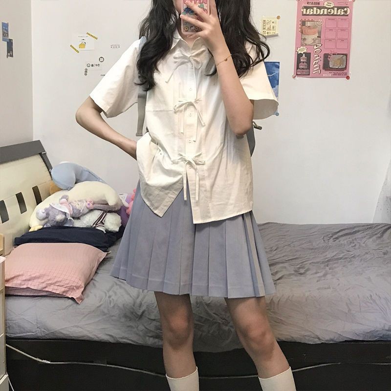 เสื้อเชิ้ตแขนสั้นผูกเชือกเครื่องแบบ เจเค สไตล์วิทยาลัยของผู้หญิง