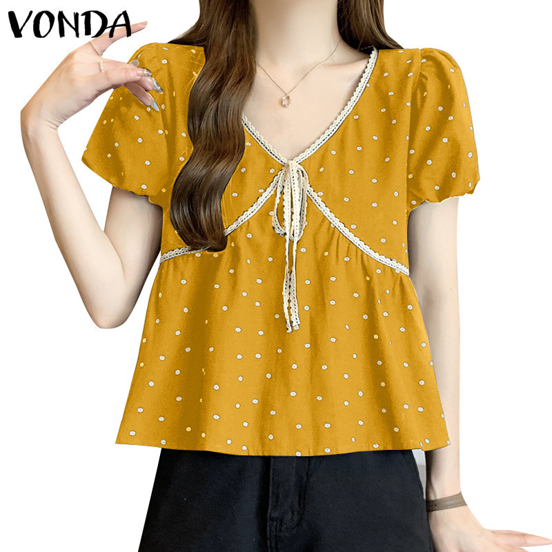Vonda เสื้อเบลาส์แขนสั้นคอวีลําลองหลวมลายจุดผู้หญิงเกาหลี