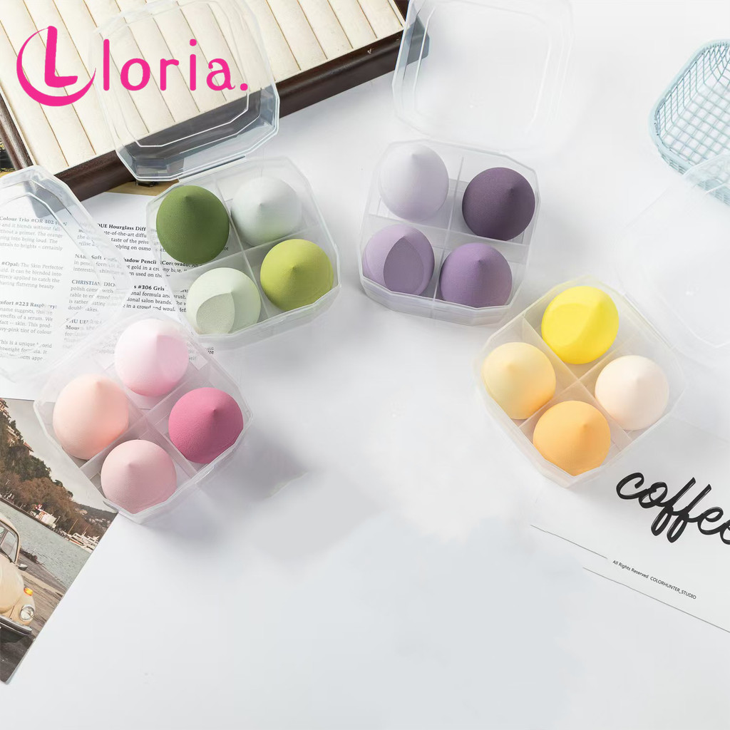LORIA. 1 กล่อง /4 พัฟฟองน้ำแต่งหน้า ชุดสุดคุ้ม   นุ่มพิเศษ ทรงรีและทรงหยดน้ำ  สำหรับแต่งหน้าเปียกและแห้