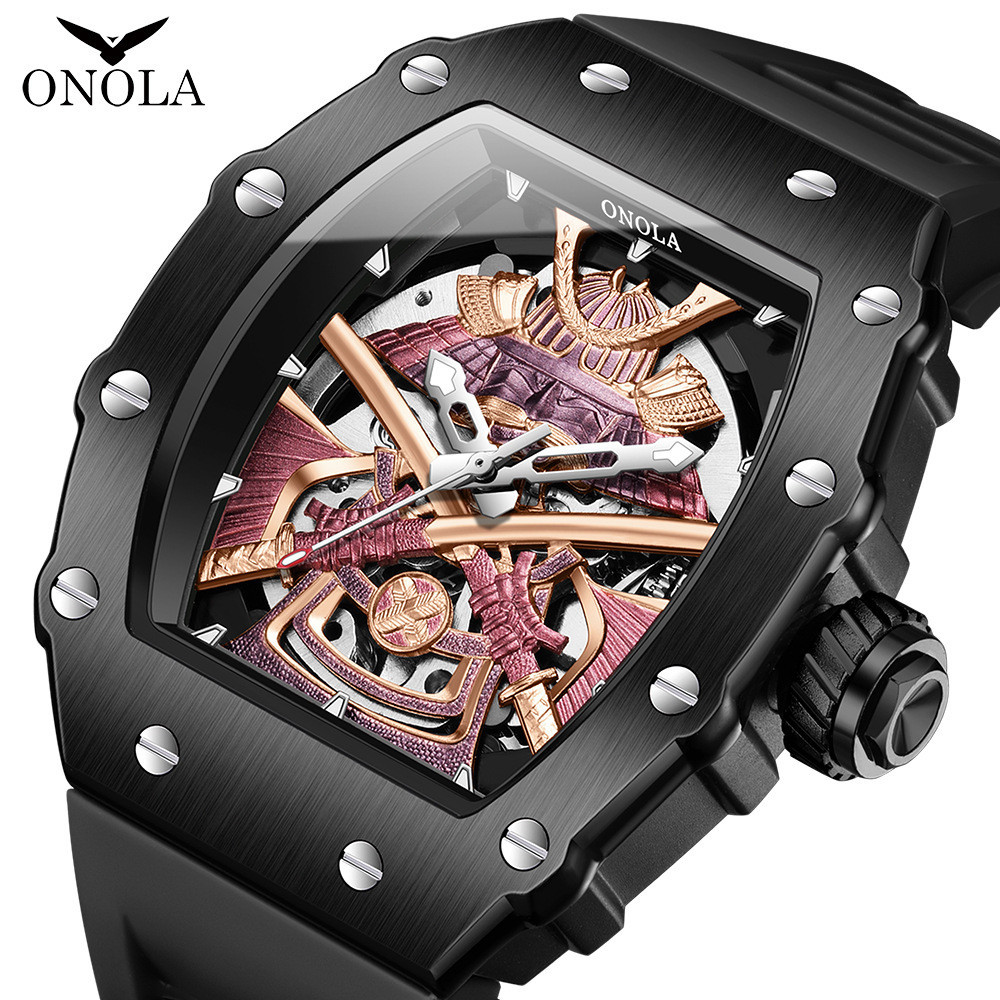 ONOLA Black Samurai Hollow คุณภาพสูงสองทางอัตโนมัตินาฬิกาแฟชั่นผู้ชาย