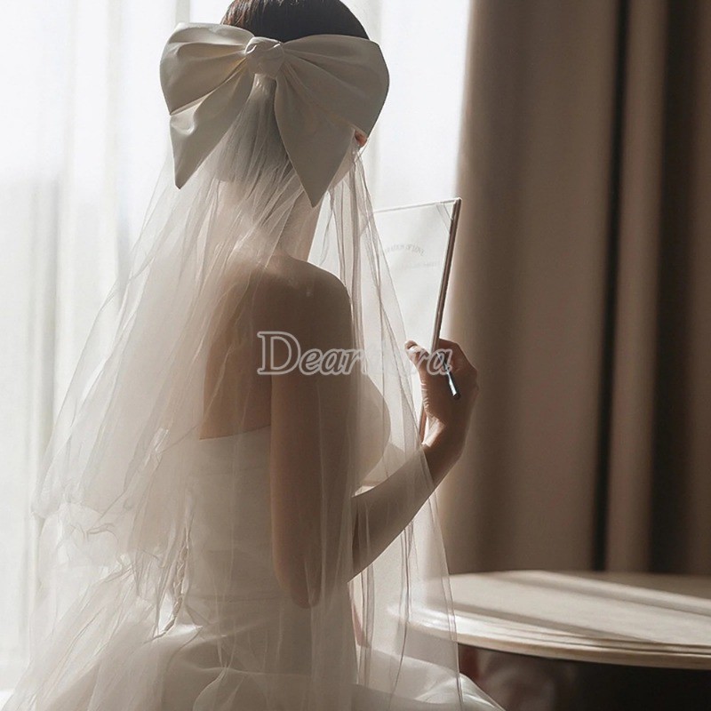 Simple Bow Tulle Wedding Veils ซาตินเจ้าสาวพร้อมกิ๊บติดผม