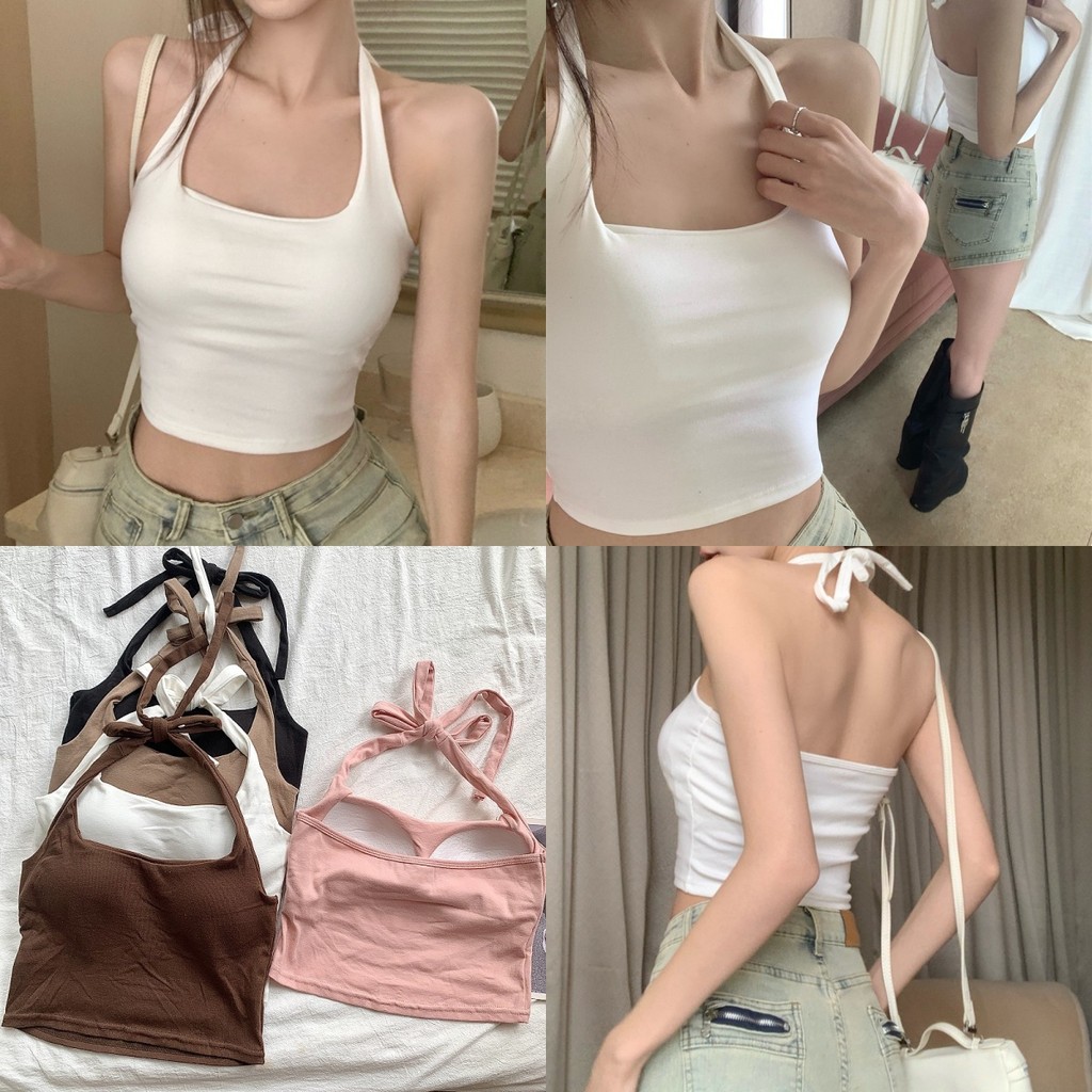 💜Bonnie💜เสื้อคล้องคอผู้หญิง ผ้าสีพื้น ซับใน เข้ารูป ผอมเพรียว เสื้อคล้องคอโชว์หลัง ครอปสั้น สไตล์ลำล