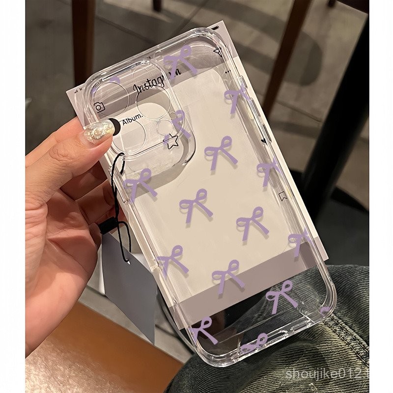เคสซิลิโคนนิ่มโปร่งแสงคุณภาพสูงโบว์สีม่วงรุ่นใหม่พร้อมลายการ์ตูนน่ารักสำหรับ iPhone รุ่น efpt หลากหลายรุ่นรวมถึง iPhone 11/12/13/14/15 PRO MAX