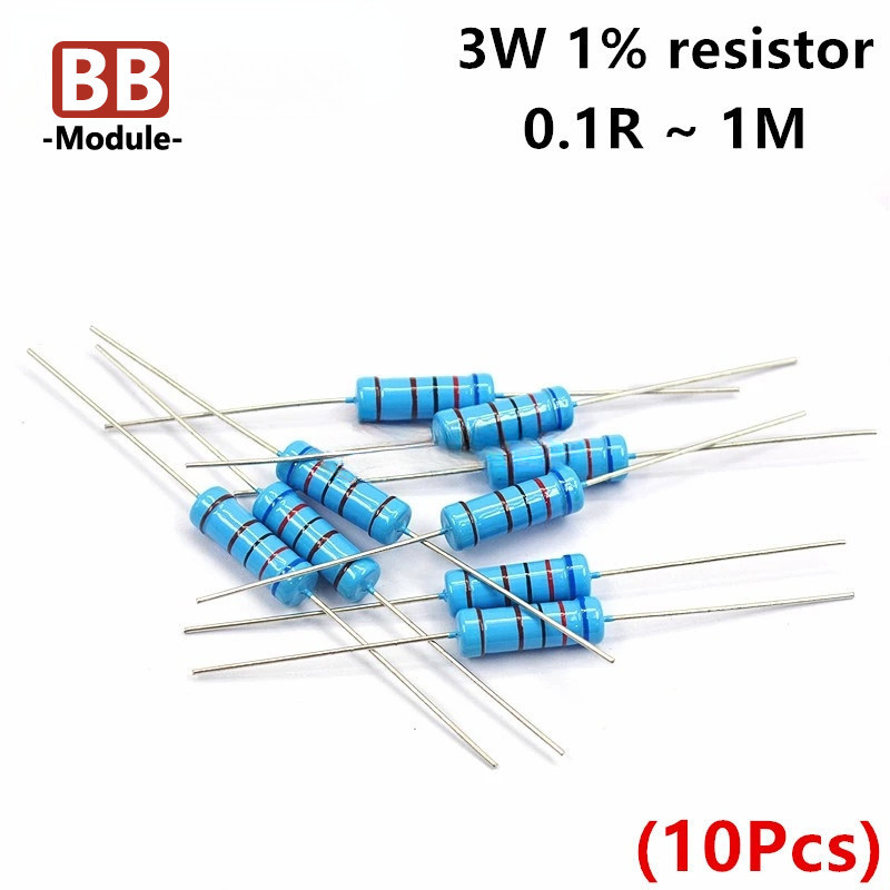 10pcs 3W ตัวต้านทานฟิล์มโลหะ 1% 1R/2/4.7/5.1/10/20/47/51/100/200/470/510R 1K/2/4.7/5.1/10/20/47/51/100/470/510K 1M