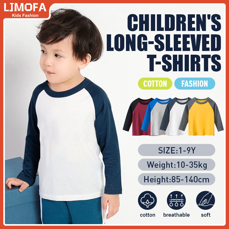 [ปลาค็อด] ใหม่ เด็กแขนยาวสีตัดกันผ้าฝ้ายคอกลมเสื้อสวมหัวด้านบนสําหรับ1-9ย เด็กทารกชายหญิง
