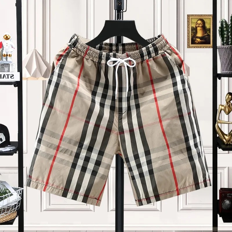 กางเกงขาสั้นตรวจสอบ Quick-Drying Casual Cropped Pants กางเกงชายหาด Unisex