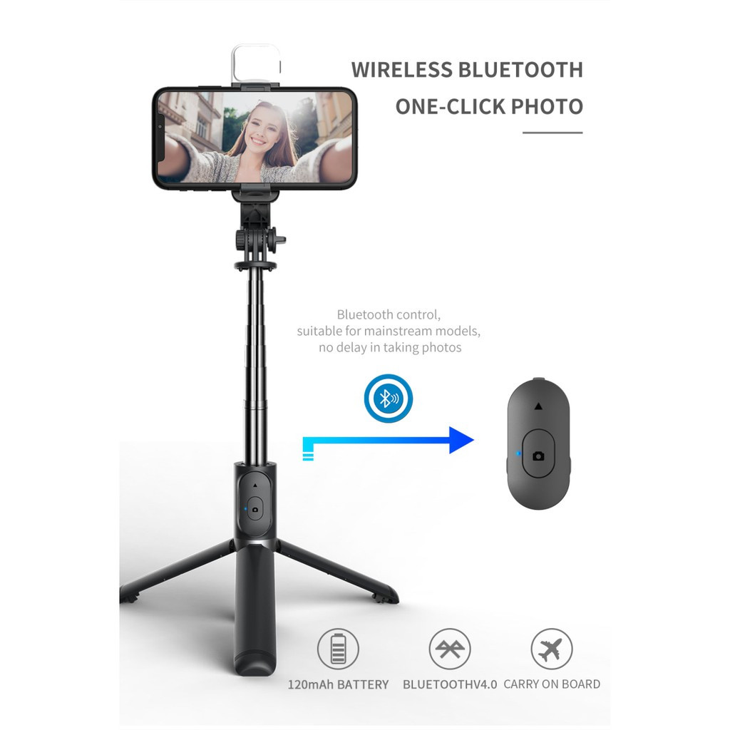 ไม้เซลฟี่ Q02s หมุนได้ 360º พร้อมรีโมทบลูทูธ ไฟ LED ไม้เซลฟี่บลูทูธ ไร้สาย น้ำหนักเบา ขนาดกะทัดรัด พกพาสะดวก