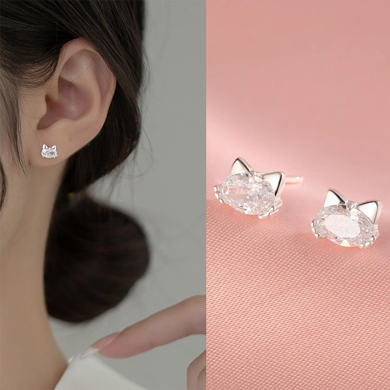 Shine White Zircon มินิน่ารัก Cate Ear Stud ต่างหูเจาะเครื่องประดับหูอุปกรณ์เสริม