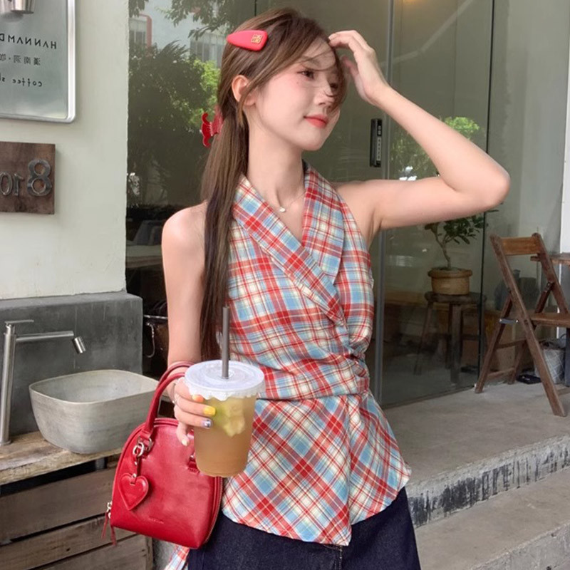 Molasome ผู้หญิง 2024 ใหม่แฟชั่นลายสก๊อตพิมพ์ Halter คอแขนกุด Slim Fit Casual Top
