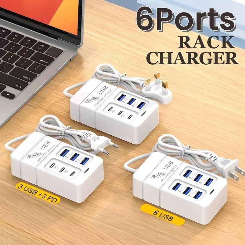 6 พอร์ต Multiport USB Charger 35W PD Type-C โทรศัพท์มือถือ Fast Charge Quick USB C Wall Chargers TypeC USB Hub อะแดปเตอร์ EU US Plug
