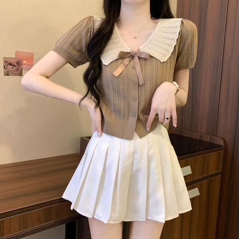 French Sweet All-Match Bow Contrast สีเสื้อถักฤดูร้อนสไตล์ใหม่ตุ๊กตาสั้น Casual Slimmer ดู All-Match Top ผู้หญิง