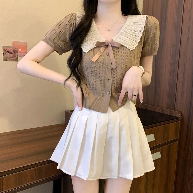 French Sweet All-Match Bow Contrast สีเสื้อถักฤดูร้อนสไตล์ใหม่ตุ๊กตาสั้น Casual Slimmer ดู All-Match Top ผู้หญิง