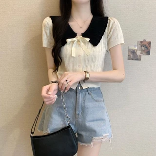 French Sweet All-Match Bow Contrast สีเสื้อถักฤดูร้อนสไตล์ใหม่ตุ๊กตาสั้น Casual Slimmer ดู All-Match Top ผู้หญิง