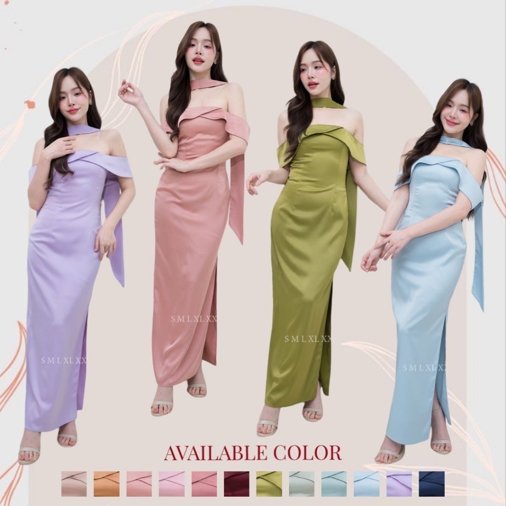 ชุดราตรี ชุดออกงาน TT280 ผ้าเครปซาติน ชุดไปงานแต่ง เกาะอกยาว สายอ้อมแขน แถมสายพาดคอ งานแต่งงาน Wedding Dress Dresses