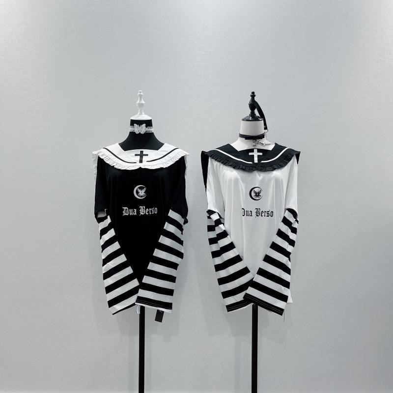 เสื้อยืดพังก์สีดำและสีขาวที่ถอดออกได้ทรงหลวมลายทางแขนเสื้อวัฒนธรรมของเรียปกพิมพ์ลายไขว้พื้นร็อค8dph