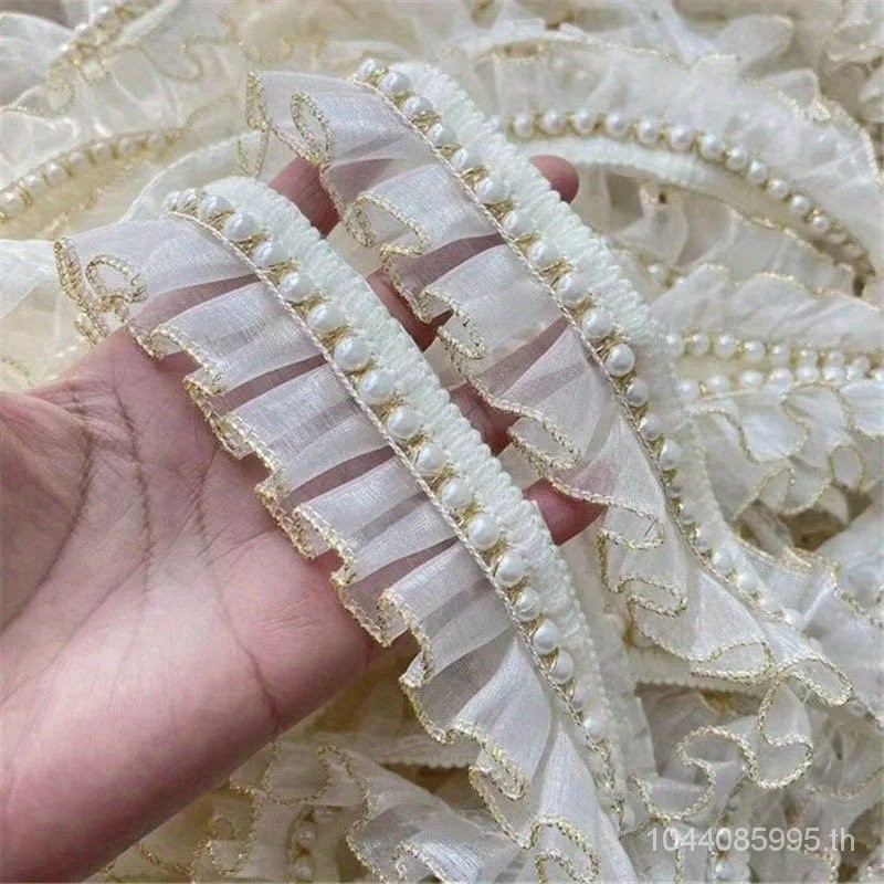 1ชิ้นกว้าง4ซม. หรูหราจีบชีฟอง Glitter beaded fringed ruffle ลูกไม้ผ้าคอปกชุดแต่งงาน guipure DIY เย็บ Decor