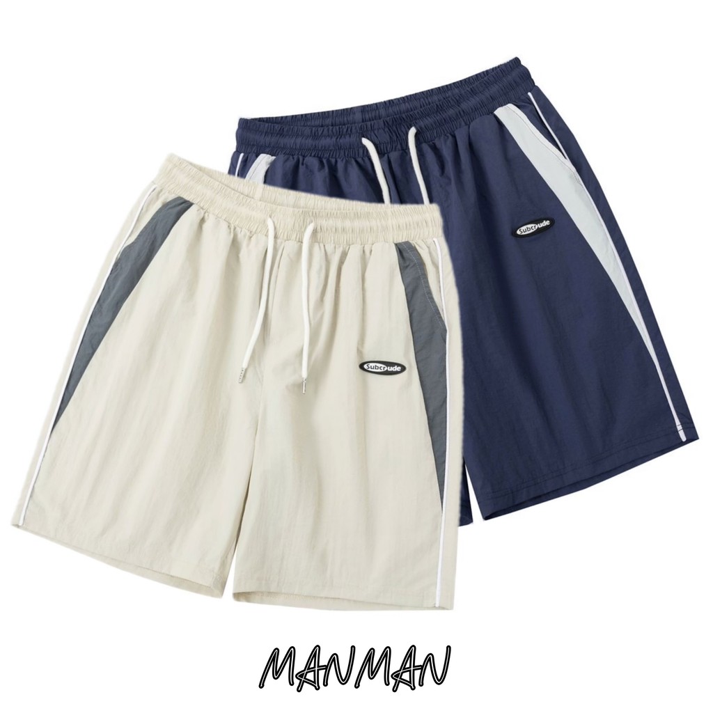 MANMAN กางเกงขาสั้นผู้ชาย แบบหลวม สีตัดกัน แบบบาง แนววินเทจ ลำลอง แมทช์ลุคง่าย ใส่ได้ทั้งชายและหญิง