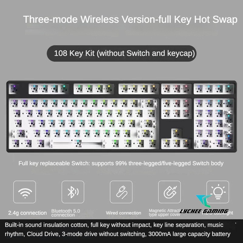 Lychee Gaming F108 คีย์บอร์ดแบบกลไกสามโหมด RGB สวิตช์ที่นั่งแทรกชุดที่กําหนดเอง DIY 2.4g ไร้สายบลูทู