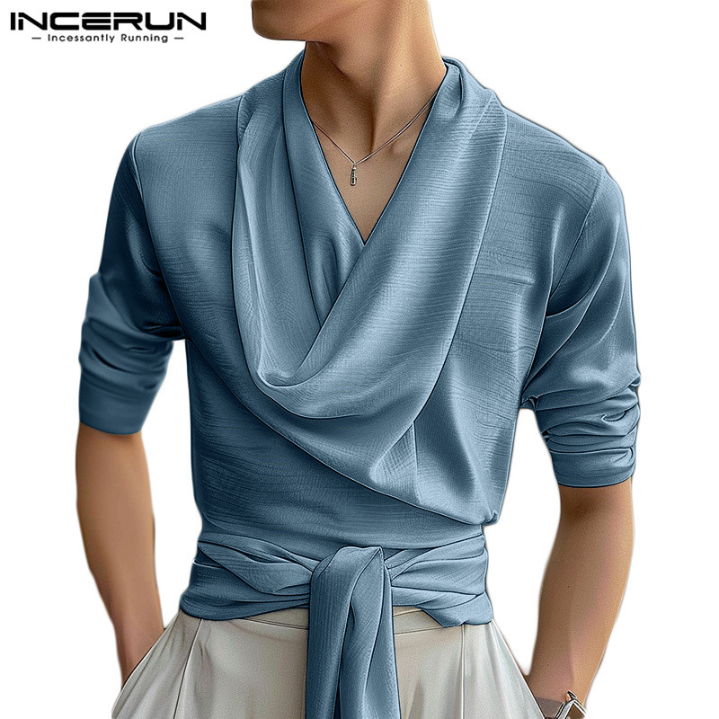 Incerun เสื้อเชิ้ตแขนยาวสีทึบแฟชั่นวินเทจสําหรับผู้ชาย