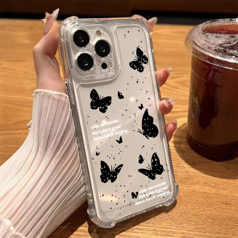 CASE นิ่มกันกระแทกเคสโทรศัพท์ สำหรับรุ่น เคสสำหรับ 13/12/14 Plus Pro Max 8/7 Plus X/XR 11 12proผีเสื้อสีดำ