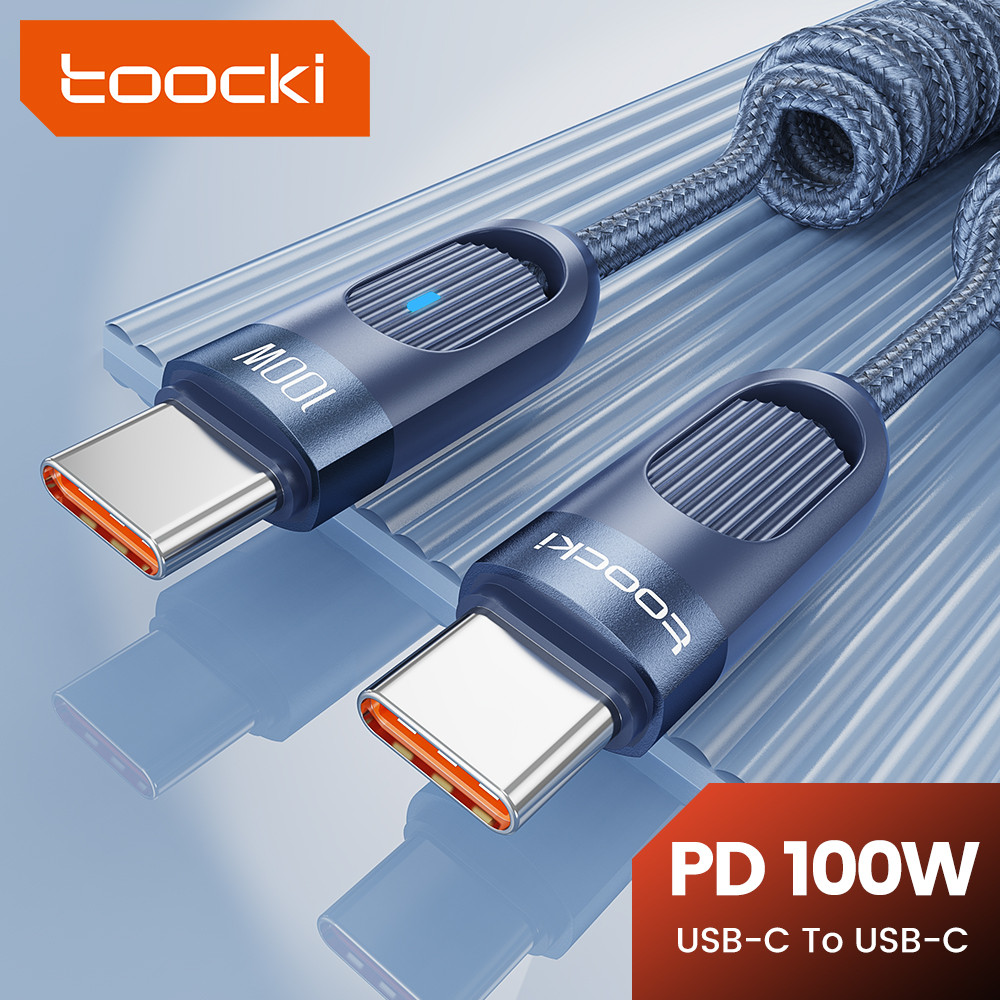 Toocki 1.8M 100W ประเภท C ถึง Type C สาย LED ตัวบ่งชี้ 6A Fast Charge USB Type C ในรถยนต์ฤดูใบไม้ผลิสาย PD20W CL AL สายเคเบิลข้อมูลสําหรับพีซีแท็บเล็ตโทรศัพท์