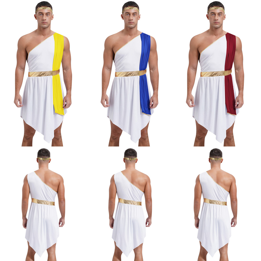Mens โรมันโบราณกรีก Toga คอสเพลย์ชุดฮาโลวีนบทบาทเล่นเครื่องแต่งกายไม่สม่ําเสมอ Hem Robe ชุดเลื่อมแถบคาดศีรษะ