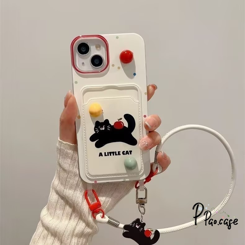 น่ารักแมวผลไม้สีดำกระเป๋าสตางค์บัตรเข้ากันได้กับ เคสไอโฟน 15 13 11 XR 14 12 Pro Max 7 15 8 14 Plus X XS Max SE 2020