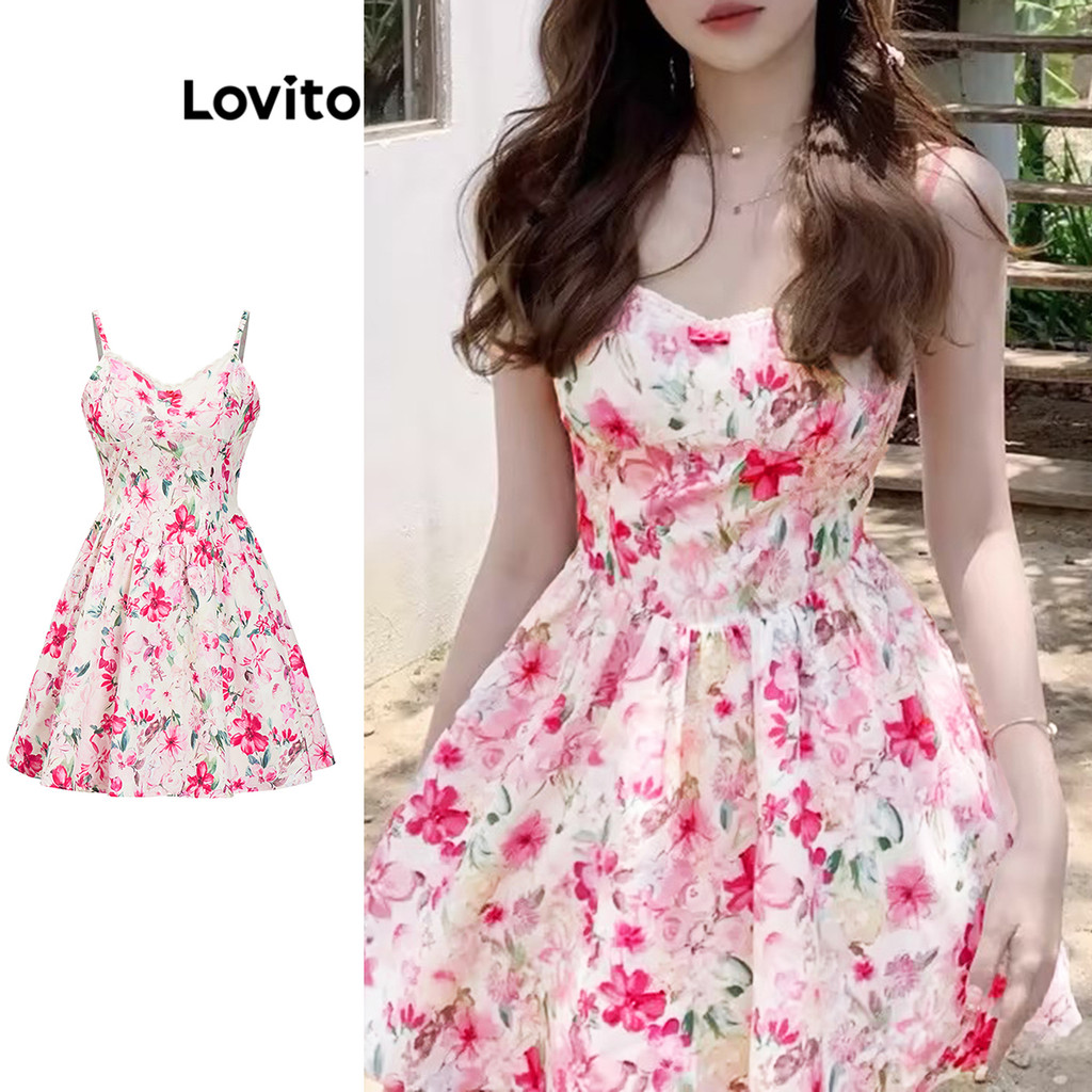 Lovito เดรสผู้หญิง ลายดอกไม้ โบว์หน้า สไตล์ลำลอง L95ED188