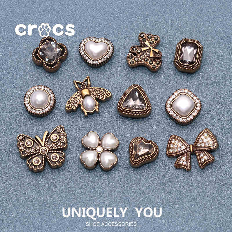 Crocs jibbitz Metal Bear Shoe Buckle Pearl Bear Chain Shoe Buckle charm Crocs Bronze Metal Hole Shoe Accessories