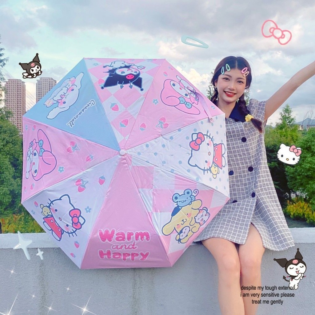 ((ReadyStock) Sanrio Family Umbrella ins หญิงน่ารักญี่ปุ่น KT Cat ไวนิลฝนหรือฝนร่มกันแดดป้องกันรังสีอัลตราไวโอเลต