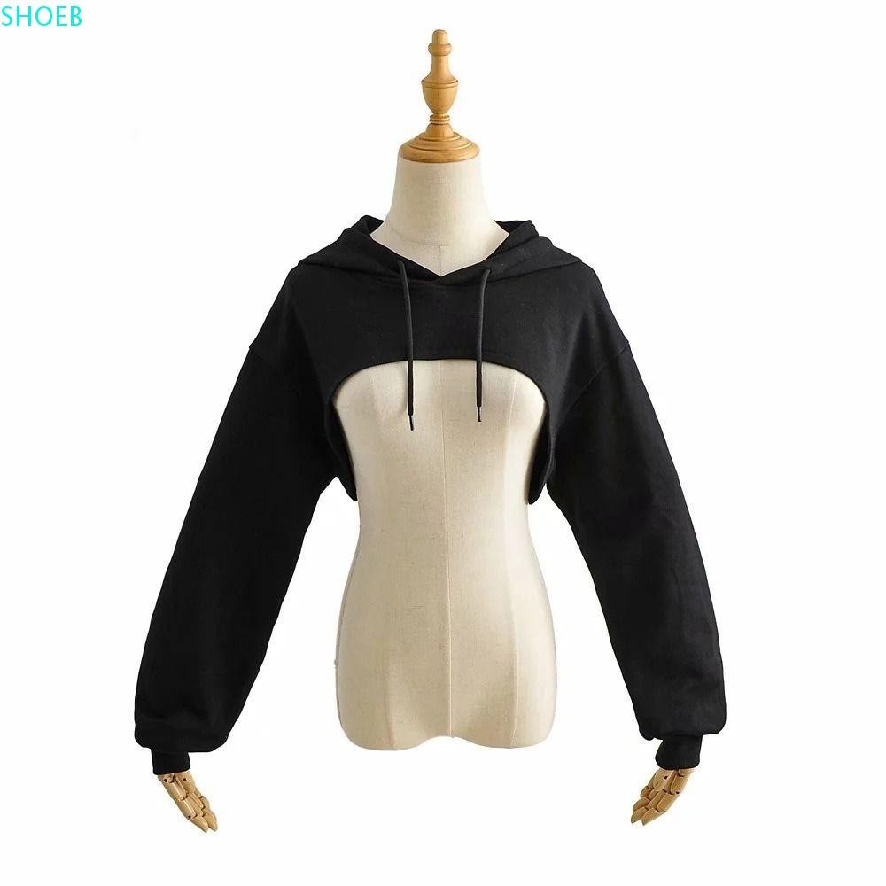 Shoeb เสื้อฮู้ดหญิง, ผูกเชือกสั้นพิเศษเสื้อครอปแขนยาว, เสื้อยืดแฟชั่น Patchwork สไตล์โบฮีเมียน Drawstring Shrug เสื้อสวมหัวผู้หญิง