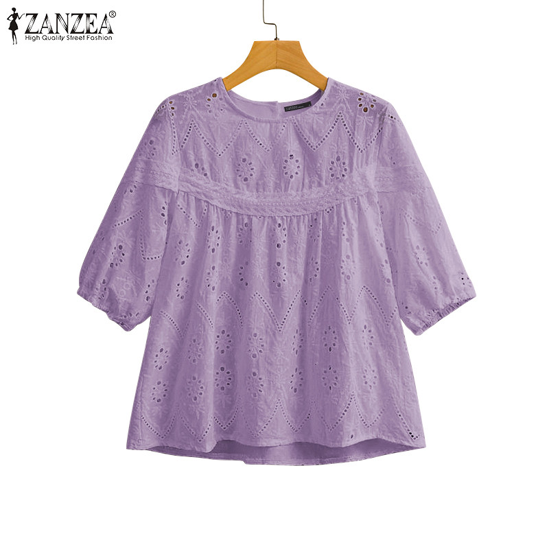 Zanzea ผู้หญิงวันหยุดลําลองโครงกระดูกเย็บปักถักร้อยแขนสั้นฟองเสื้อตุ๊กตา Hem