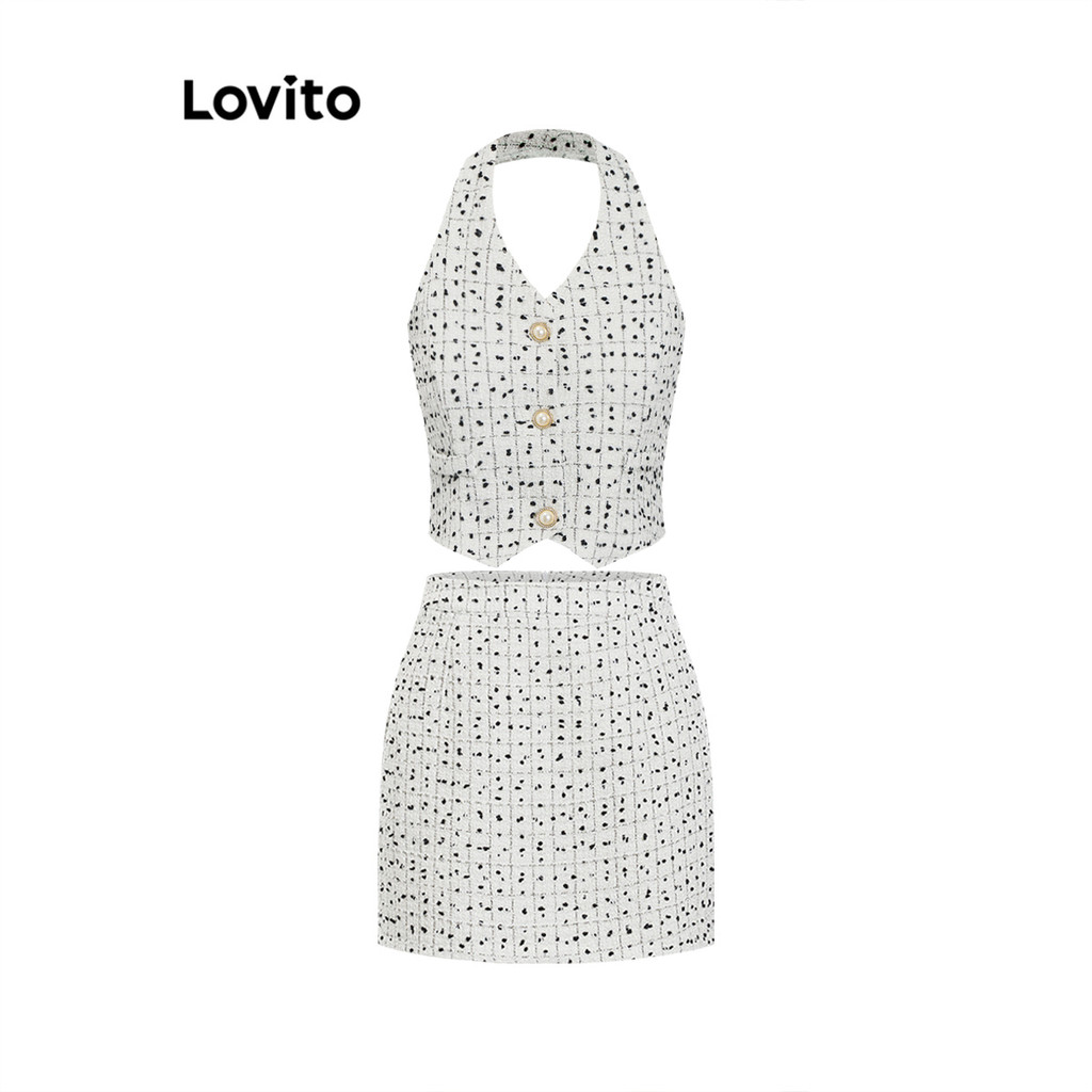 Lovito ชุดกระโปรงผ้าลายธรรมดาสบาย ๆ ปุ่มธรรมดาพื้นผิวผ้าชุดกระโปรงสำหรับผู้หญิง 102AD490