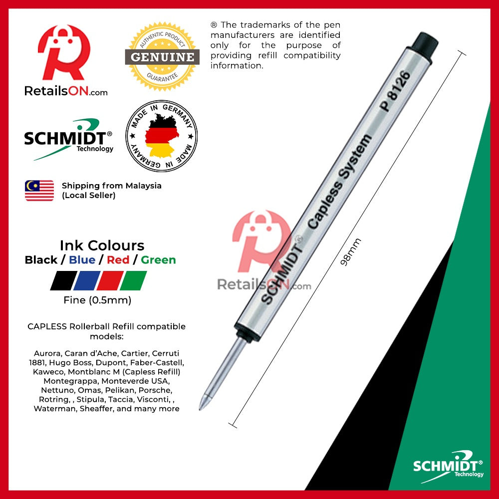 Schmidt Refill CAPLESS Rollerball P8126 - Fine (F) - สีดํา/น้ําเงิน/แดง/เขียว [1 ชิ้น]