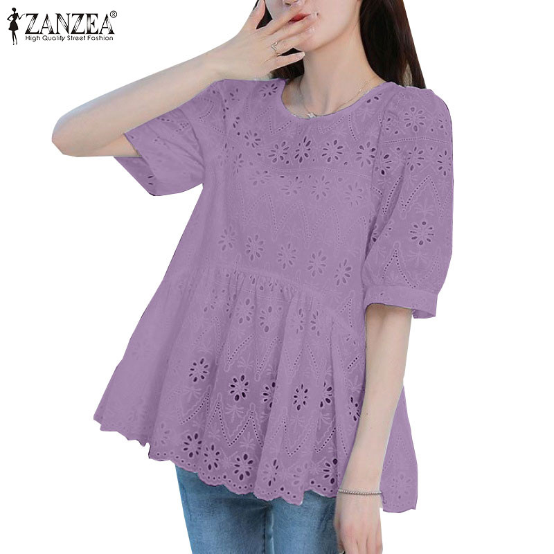 ZANZEA ซานเซีย ผู้หญิงเกาหลีแฟชั่นเย็บปักถักร้อยรอบคอโคมไฟแขนแยก จีบ เสื้อ