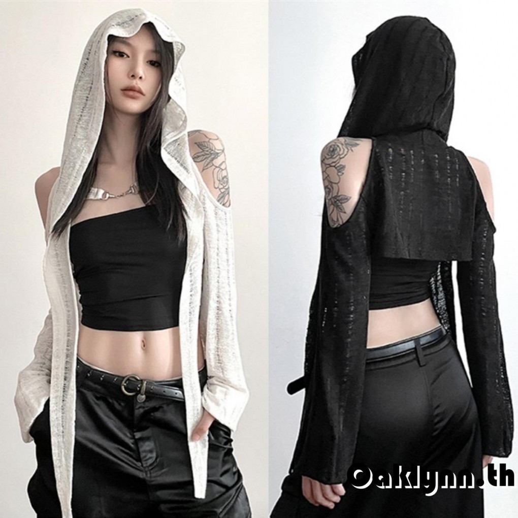 【ส่งจากไทย】​women Suncreen คาร์ดิแกน Hollow-Out หัวเข็มขัดโลหะแขนยาว Hooded Cover-Ups ฤดูใบไม้ผลิฤดูร้อนสบายๆนุ่ม Shrugs