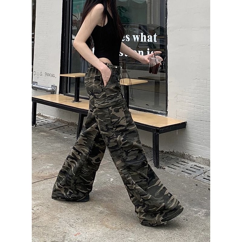 American Retro Camouflage Overalls สไตล์ใหม่ Drawstring หลวม All-Match ตรง Slimmer ดูกางเกงยีนส์สบายๆ Flo