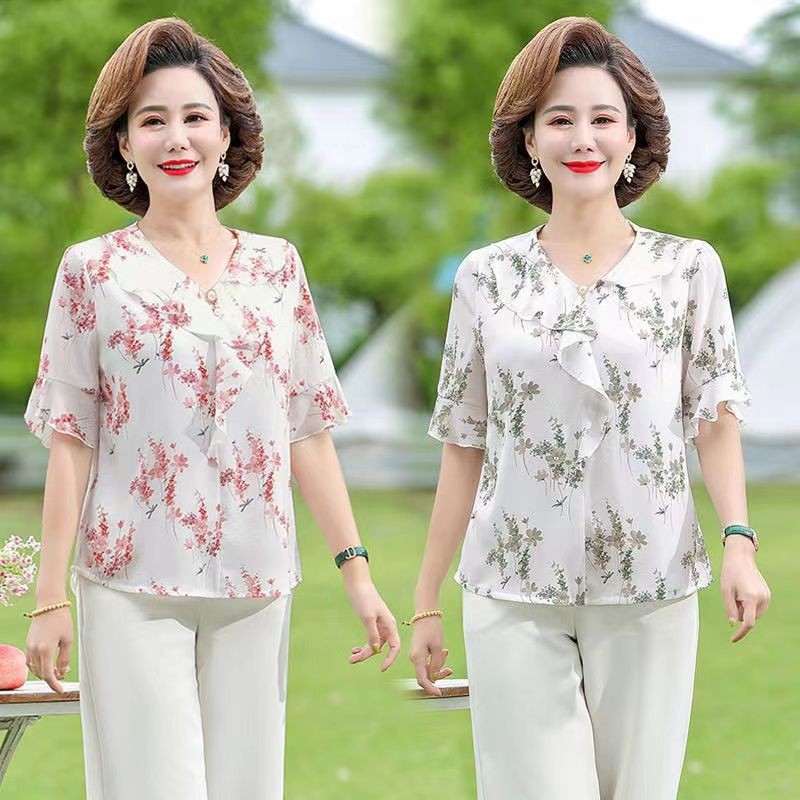 แม่วัยกลางคนแขนสั้นเสื้อชีฟองฤดูร้อนใหม่วัยกลางคนและผู้สูงอายุอารมณ์ท็อปส์