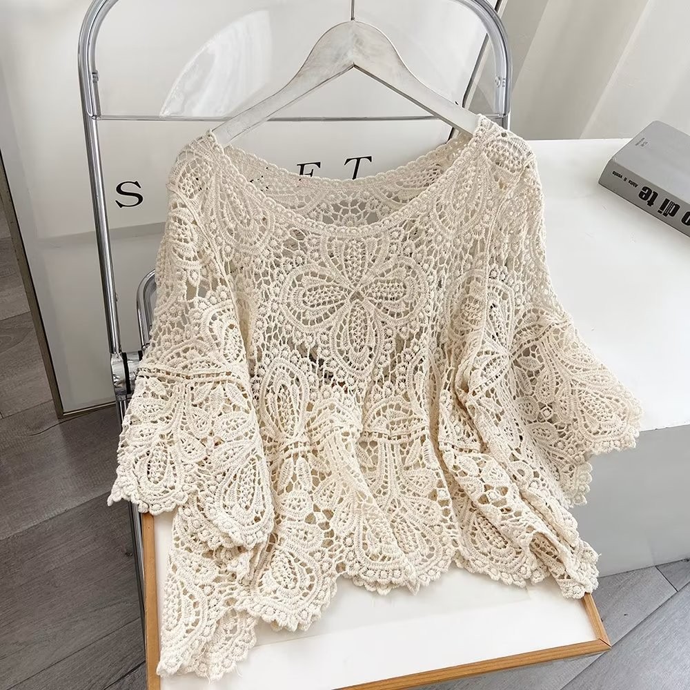 2024ฤดูใบไม้ผลิ/ฤดูร้อนใหม่โครเชต์โหลสั้น pullover ครีมกันแดดด้านบน