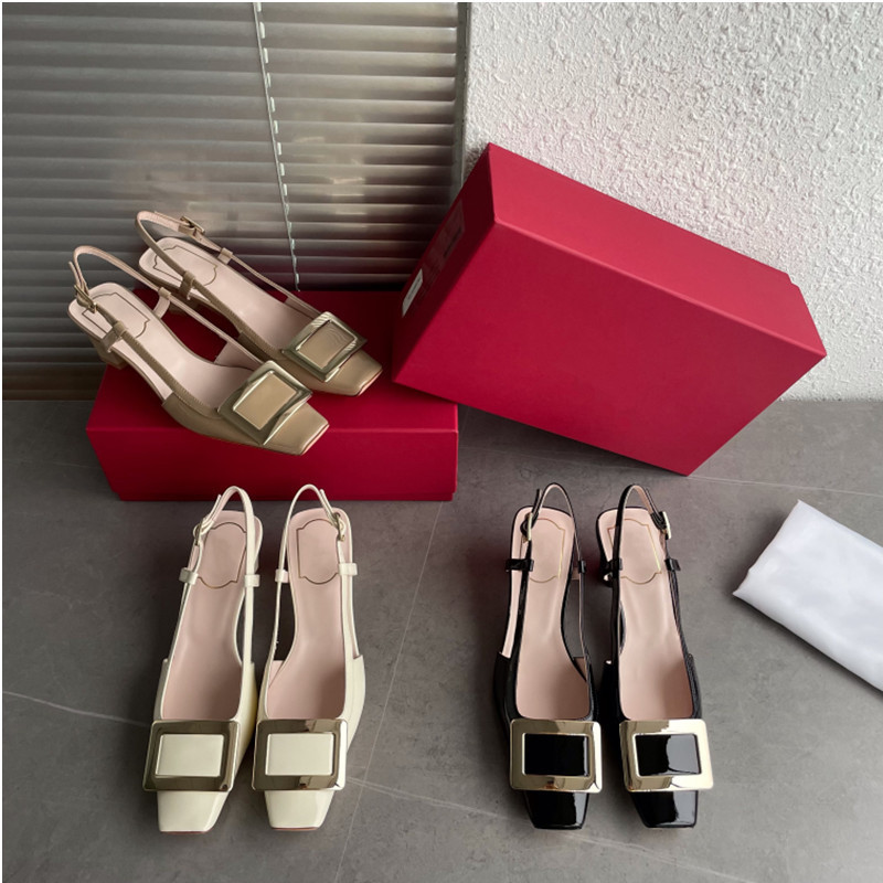 รองเท้าแตะหัวปิดหัวเข็มขัดทรงสี่เหลี่ยม Roger vivier รองเท้าส้นสูงหนังแท้แมทช์ลุคง่าย